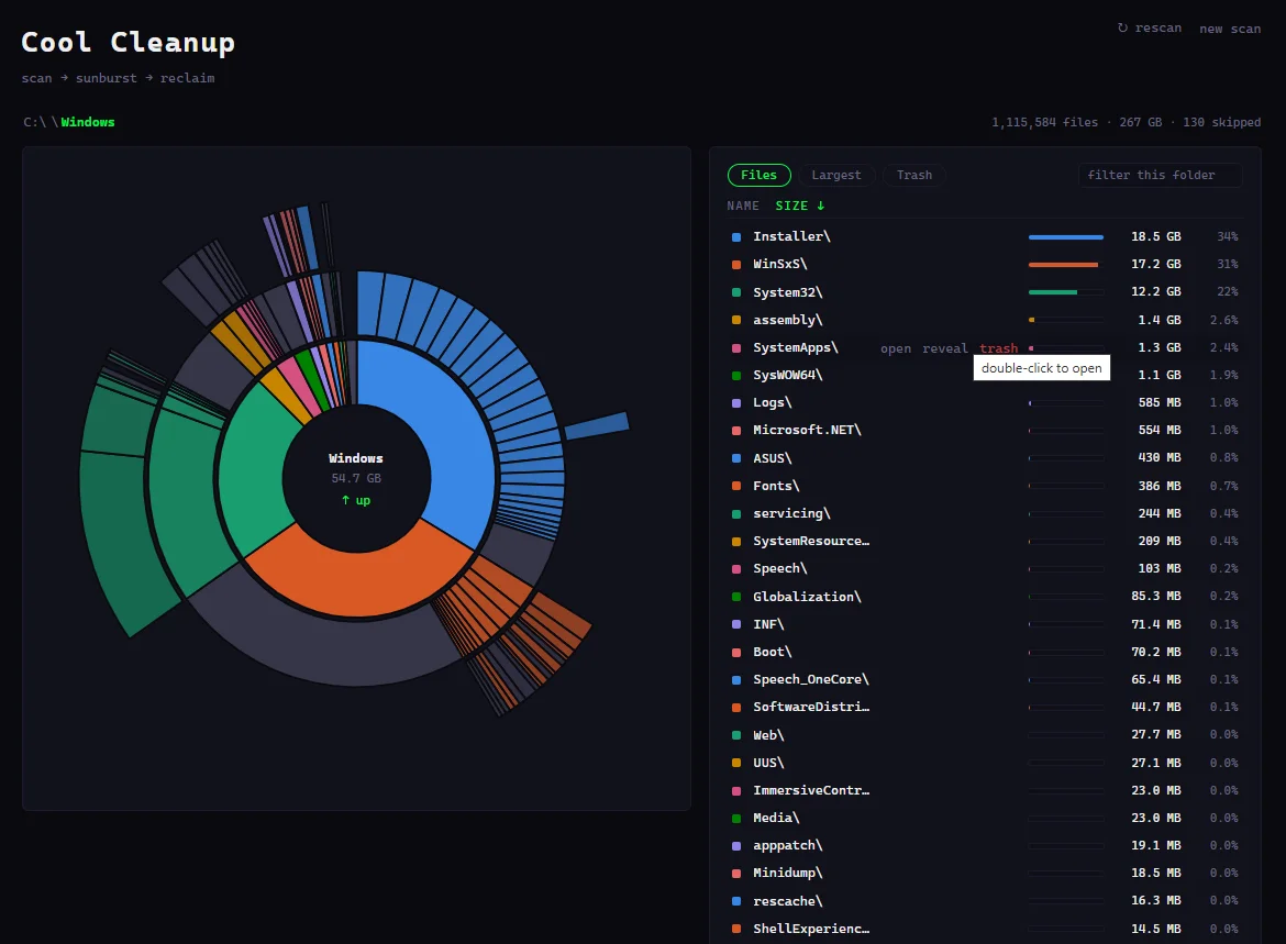 Cool Cleanup: a drive scanned into a zoomable sunburst with a sortable file list